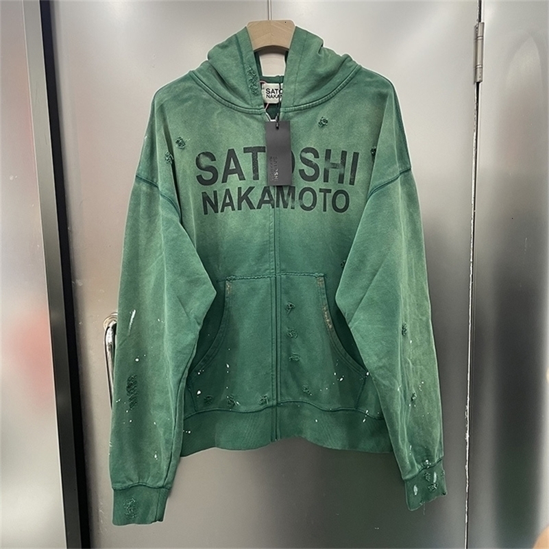 Classic Letters Print Satoshi Nakamoto Zipper Hoodie Hooded Men Women Vintage Washed Green Damaged Hole Splashed Ink Coats 260917