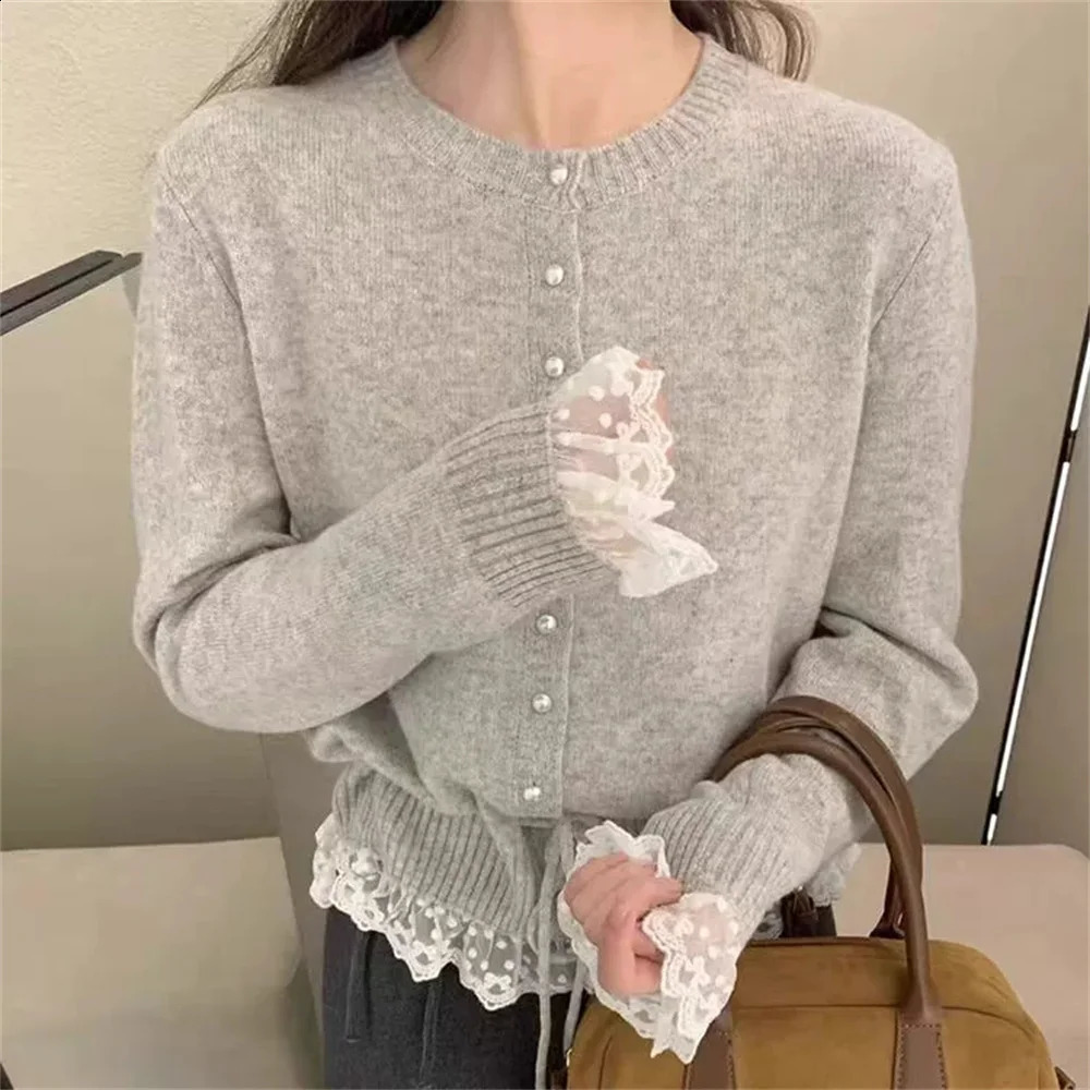 Knitted Sweater Women 2026 Autumn Arrival Pearl Buttons Lace Patchwork Sweaters Pullovers Korean Style Casual Outwear Tops 260917