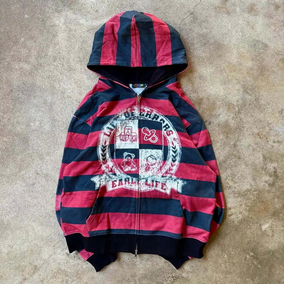 Mens Hoodie Vintage Streetwear Red Black Striped Zip Up Sweatshirt Life Of Errors Print Loose Fit Distressed Retro Cool Fashion 260916