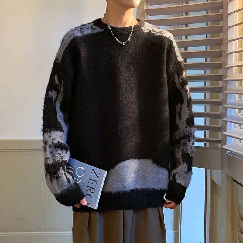 Sweater Korean Retro Patchwork Knitted Men Round Neck Pullovers Autumn Winter Trendy Lazy Line Clothes Outdoor Coat Casual Fiber J260916