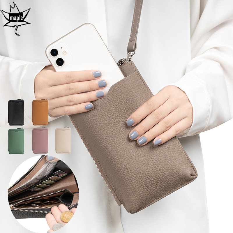 Luxury 100% Genuine Leather Women's Wallet Multifunctional Mobile Phone Clutch Bag Crossbody Bags Ladies Purse Card Holder Green