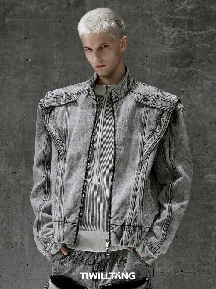 American Retro Denim Jacket Punk Strtwear Old Washing Short Spliced Denim Coat Trend Metal Design Round-neck Jacket Men's Top S260917MZYV