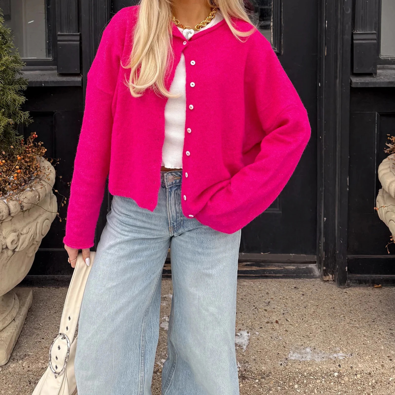 Women Knit Cardigan Solid Color Long Sleeve Button Down Sweater For Daily Wear Outdoor Activity Streetwear 260917