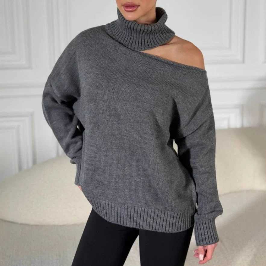 2025 Women's Solid Color Sweater Turtle Neck Crochet Knit Top Loose Fit Breathable Pullover Elegant Basic Top for Fall Spring S260917EGD7