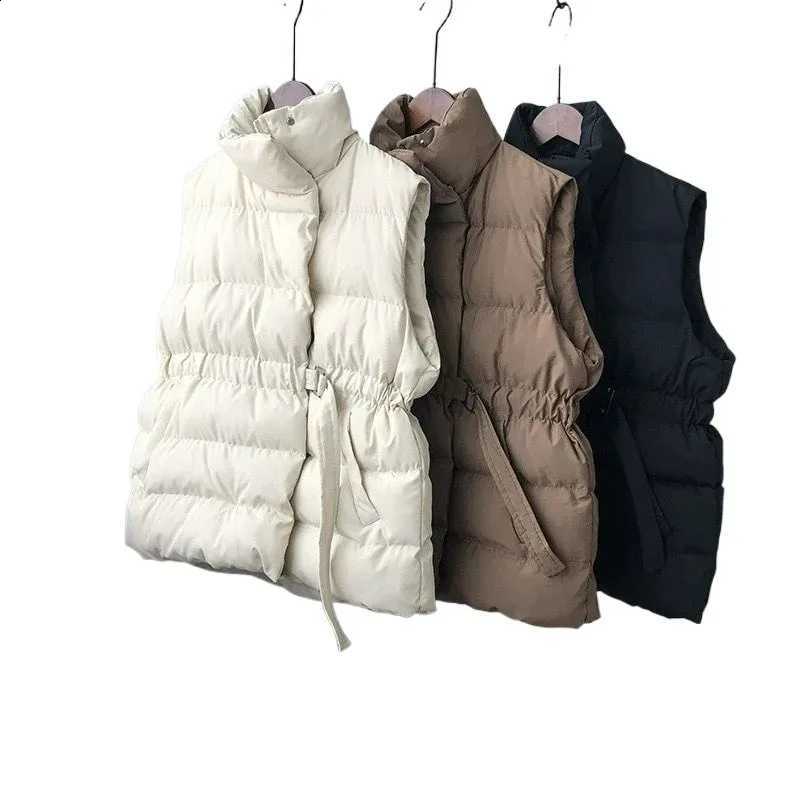 Feminina Winter Coat Women Stand Neck Solid Color Sleeveless Vest Parkas Pockets Drawstring Slim Waist Puffer Jacket H260917