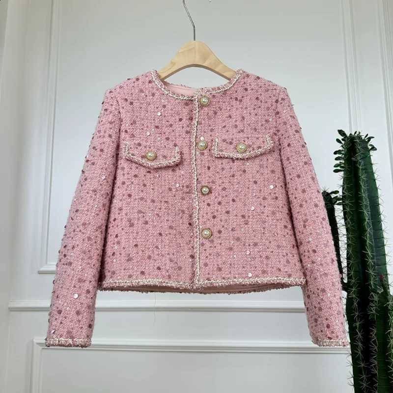 Pink Women High-quality Sequin Tweed Short Coat Fashion Sweet Shiny Versatile Long-sleeved Fragrance French Lady Short Coat C260917