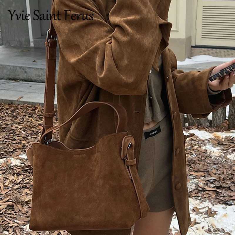 Winter Matte Coffee Color 2026 Bucket Bag Women Large Suede Genuine Leather Shoulder Bag Female High Quality Commute Handbag H260905