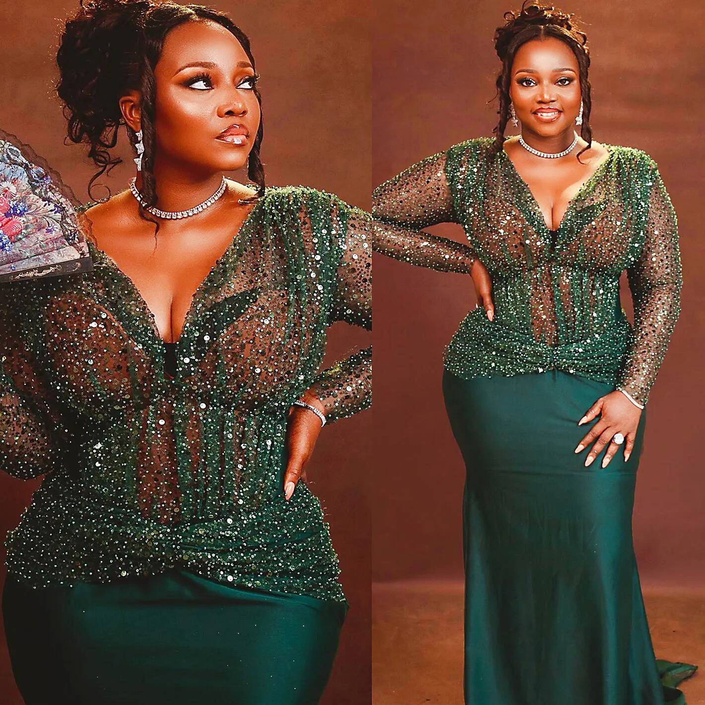 2024 Plus Size Dark Green Mermaid Prom Dresses For Special Occasion Sequined Illusion Evening Formal Party Gowns Dress Bd916
