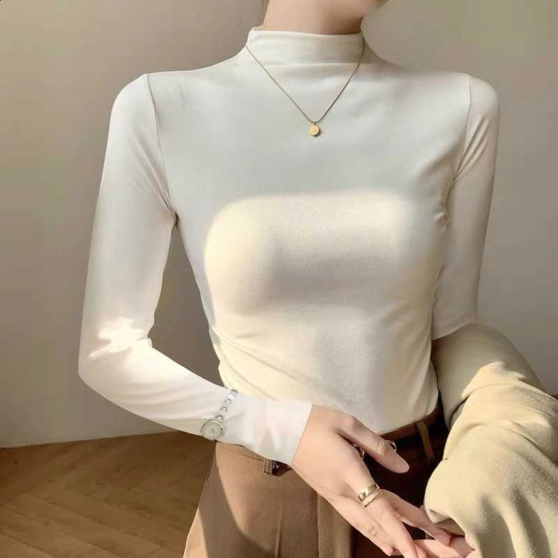 Autumn Winter Women Brushed Warm Base Layer Mock Neck Slim Long Sleeve T Shirt Elastic Thermal Undershirt Office Basic Blouse H260916