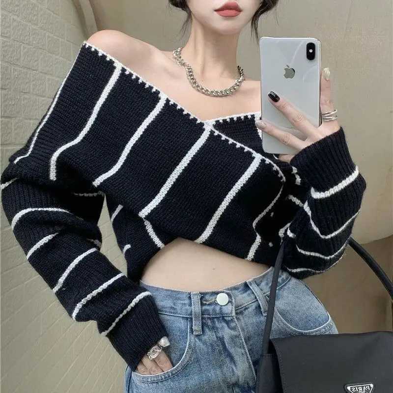 Trend Sexy Striped Slash Neck Top T Spring Autumn New Vintage Off Shoulder Long Slve Knitting Pullovers Femme Fashion Tops S260917L0T2