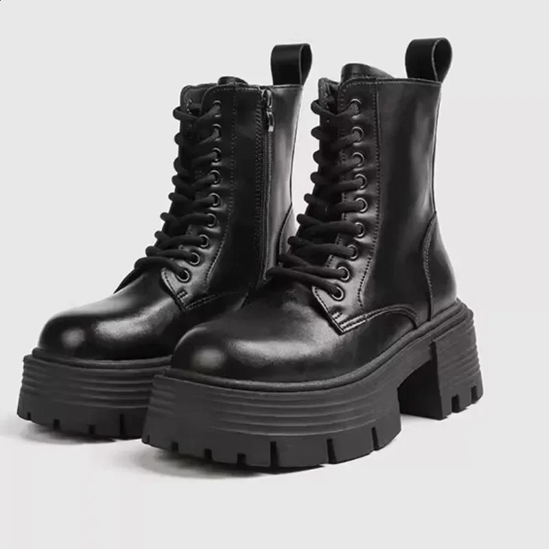 Chunky Heel Black Mid Calf Platform Boots Women Fashion Lace Up Side Zip Soft Leather PU Biker Boots for Women Botas 260917
