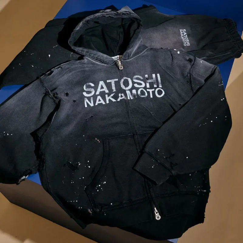 Satoshi Nakamoto Hooded Cardigan American Retro Washed Black Distressed Mens Womens Loose Hoodies 260917