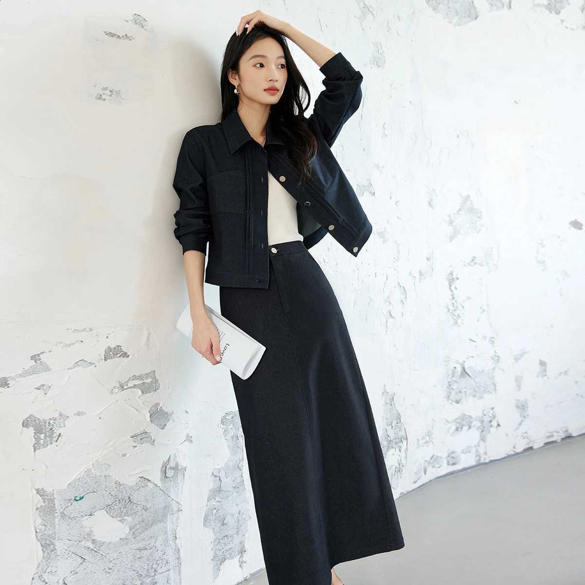 Women's Vintage Elegant Denim VIMLY Skirt Set Long Sleeve Lapel Denim Jacket Split A-line Skirt Office Lady Denim Suits M8307W260915