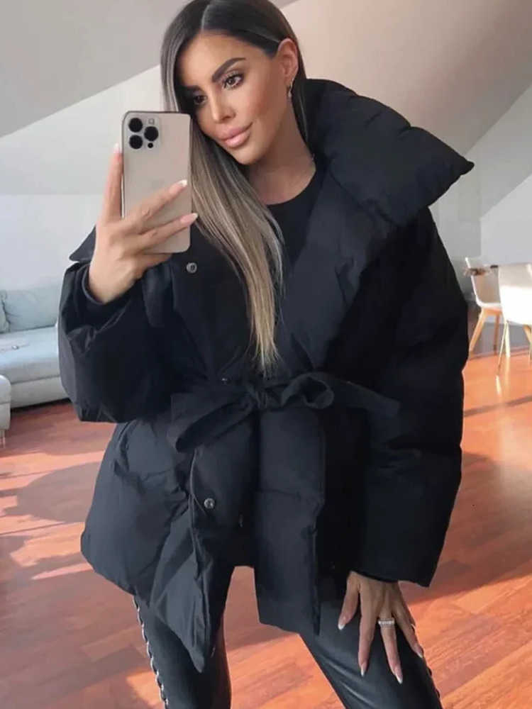 Lapel Women Solid Tie-up Fashion Cotton Coat Long Sleeved Waist Cinched Warm Loose Jacket Lady Casual Commute Winter Outwear H260917