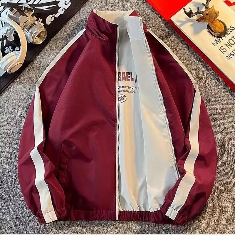 Retro Reversible Jacket for Men Stand Color Spring Autumn Varsity Jacket Loose Casual Sport Coat Outwear Windbreaker Vintage 90s 260917