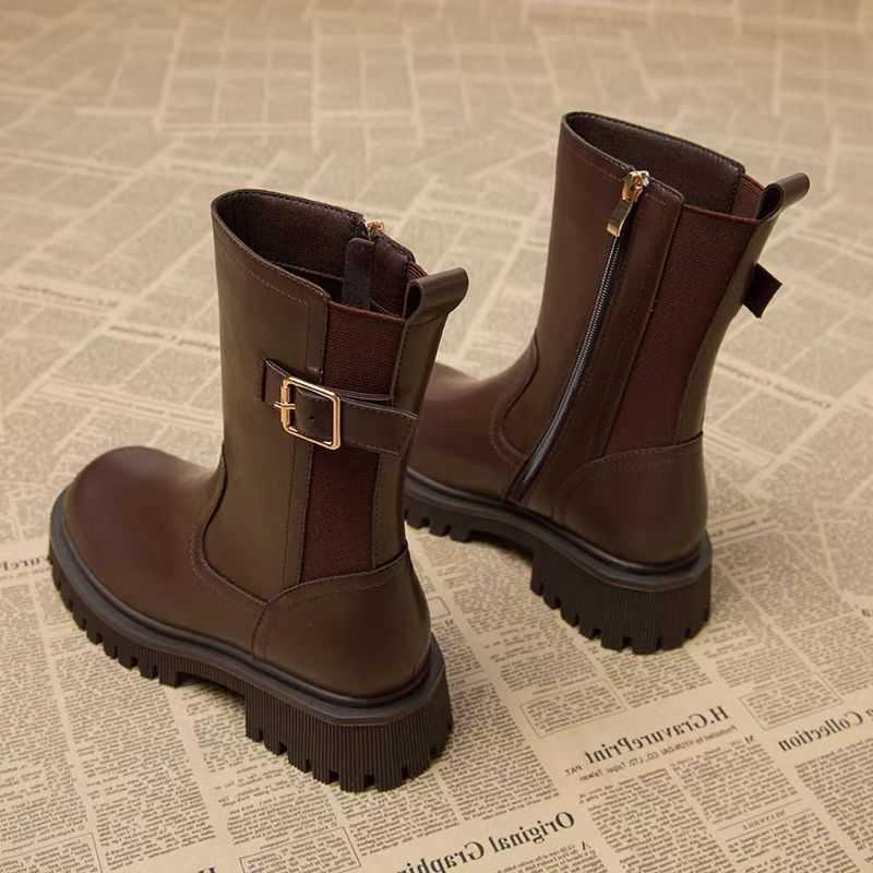 Half High Boots Round Women's Toe Chelsea Ladies Mid Calf Shoes Middle Heel Brown Footwear Spring Autumn Sale Gothic Demi-season D260917