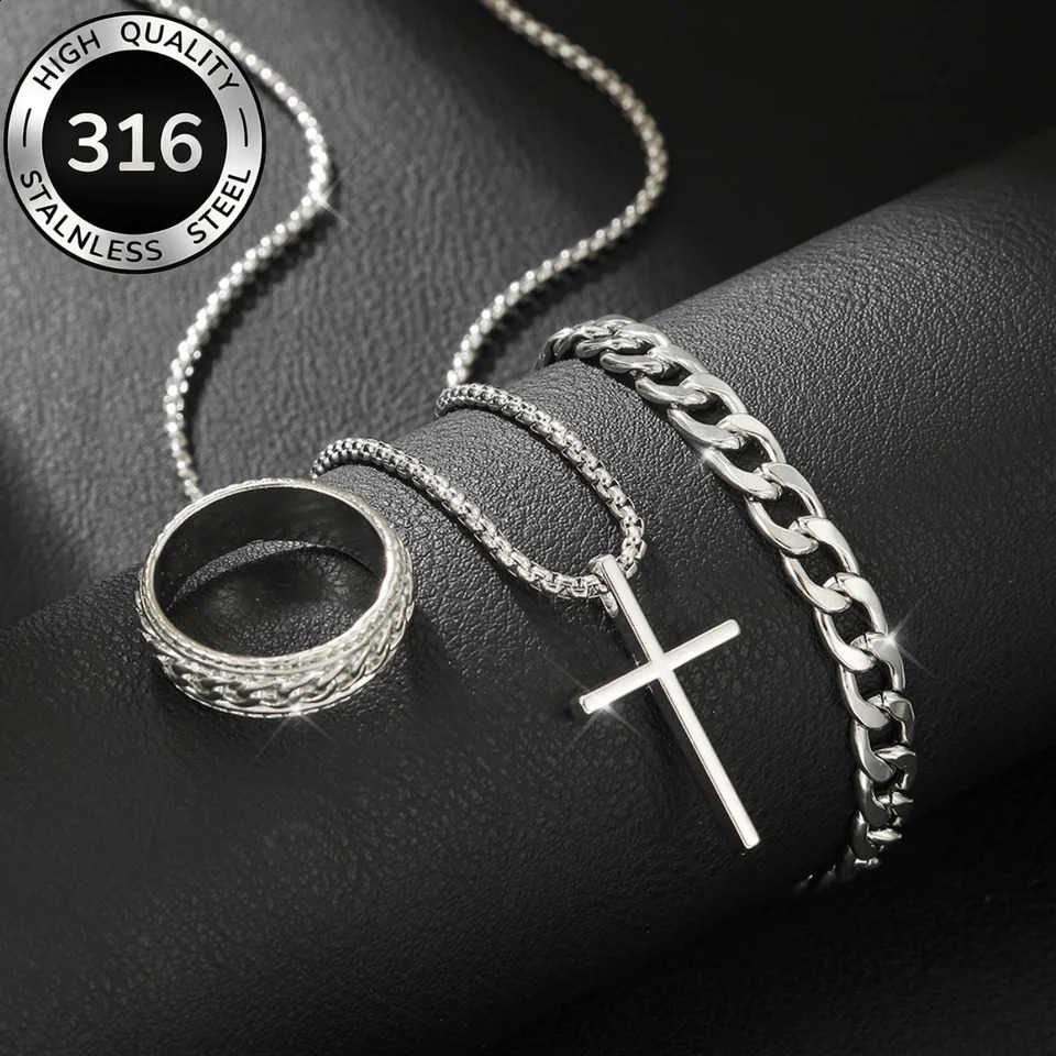 3pcsSets Punk Cross Pendant Necklace Bracelet Chain Ring for Men Simple Personality Hip Hop Party Jewelry Stainless Accessories 260916