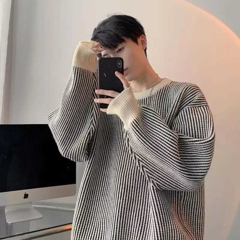 Striped O Neck Knitted Pullovers Sweater Men Long Sleeve Jumpers Spliced Loose Fit High Street 2024 Winter Standard Wool J260916
