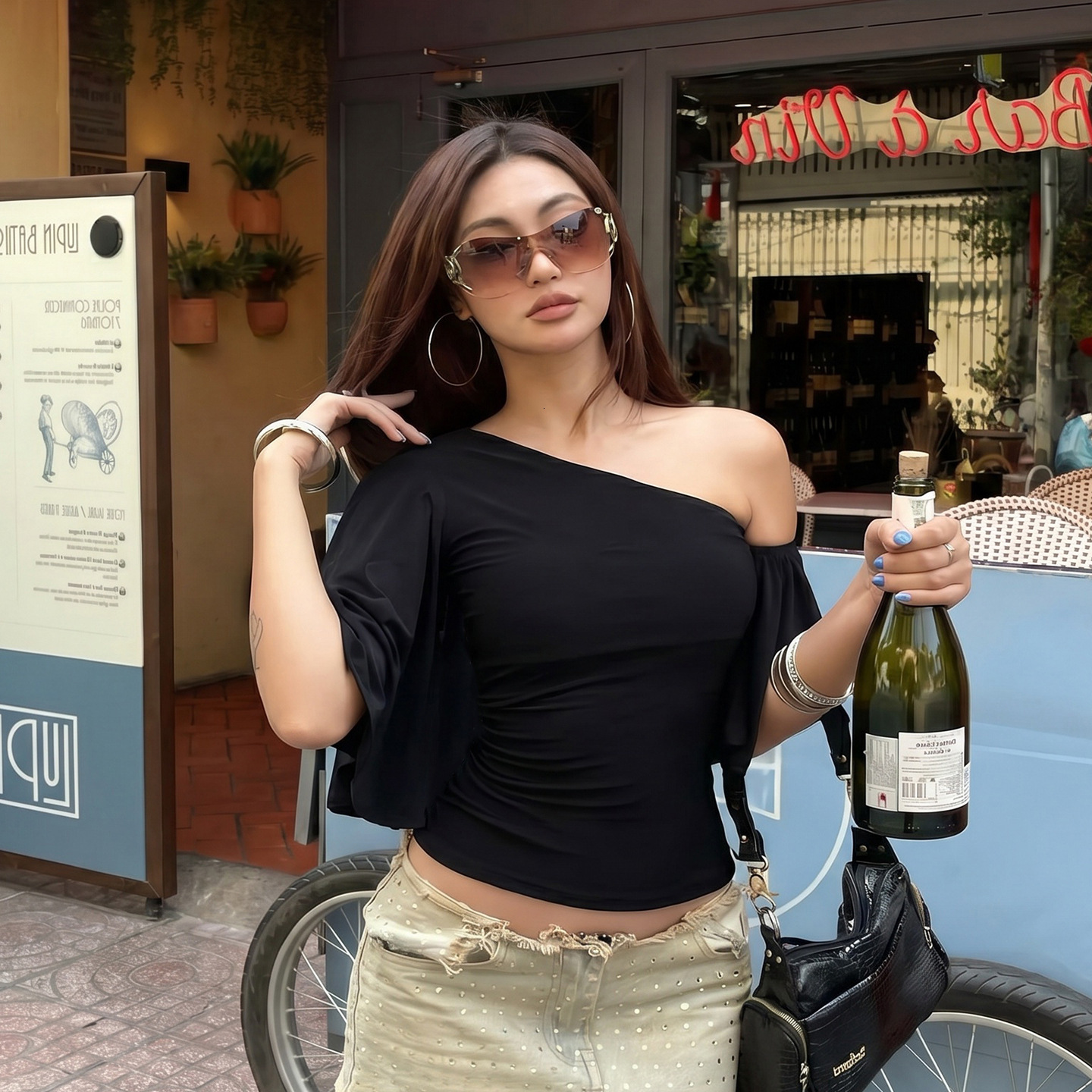 Cross-border new ruffled one-shoulder asymmetrical waist T-shirt, fashionable street style casual solid color versatile top for women ab