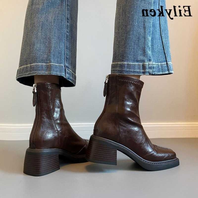 Eilyken Punk Style Vintage Split Stitching Slim Women Ankle Boots Autumn Winter Square Toe Block Heels Back Zipper Shoes D260917