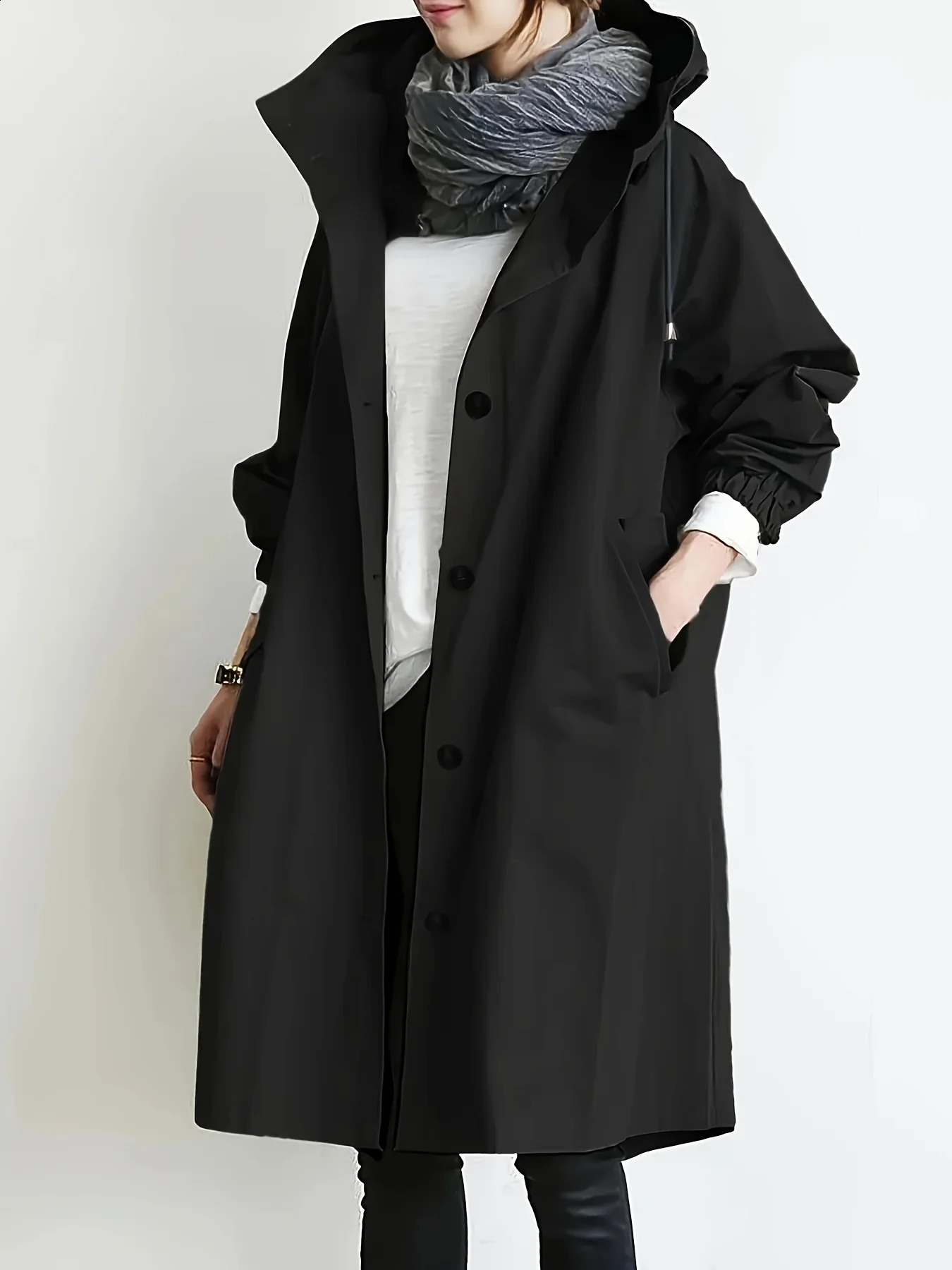 Women's Oversized Hooded Long Coat Button Down Casual Windbreaker with Side Pockets for Spring and Fall 260917