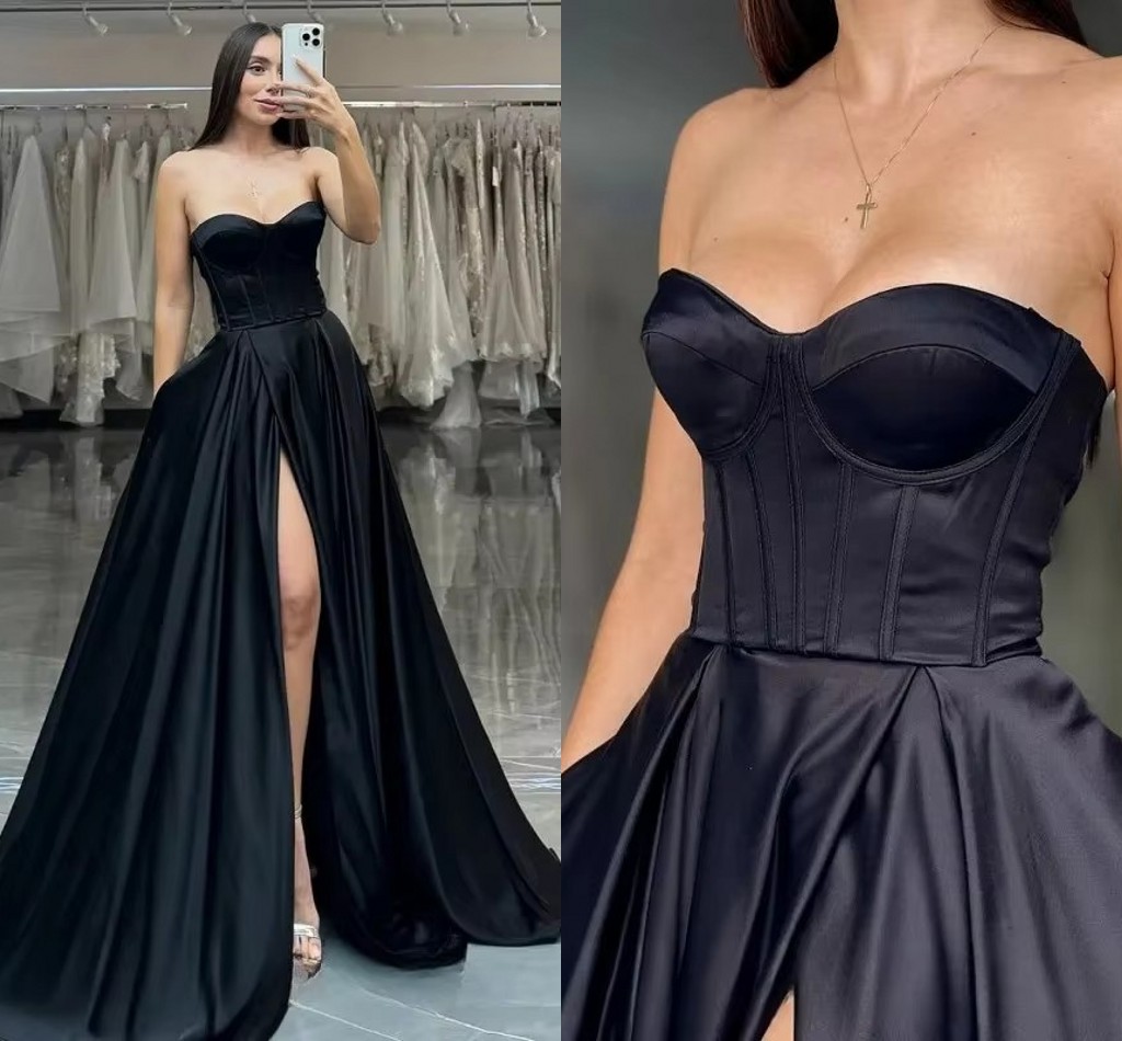 Elegant Black Evening Formal Dresses Two Pieces Sweetheart Lace Up Silt Long Prom Pageant Party Dresses Birthday Vestidos De Fiesta Gala