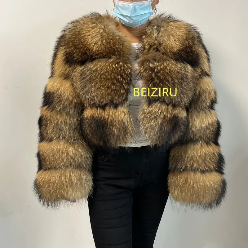BEIZIRU Women's Short Raccoon Fur Coat Winter Long Sleeve Hooded Natural y Thick Jacket for Fashionable Cold Weather 260917