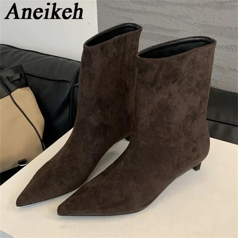 Aneikeh Autumn Fashion High Quality Pointed Toe Vintage Ankle Boots Sexy Thin Low Heel Women Warm Knight Slip On Party Shoes 260916