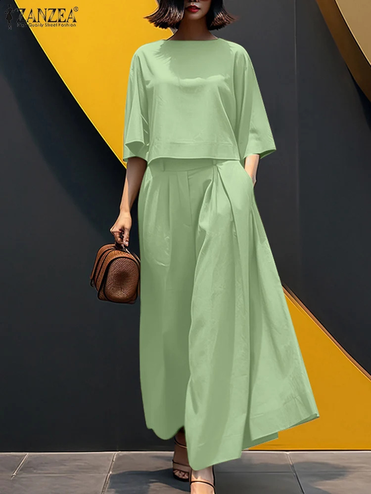 ZANZEA Women 2025 Summer Loose Matching Sets Elegant 34 Sleeve Blouse Wide Leg Trousers Suit OL Work Pant Oversize 260907