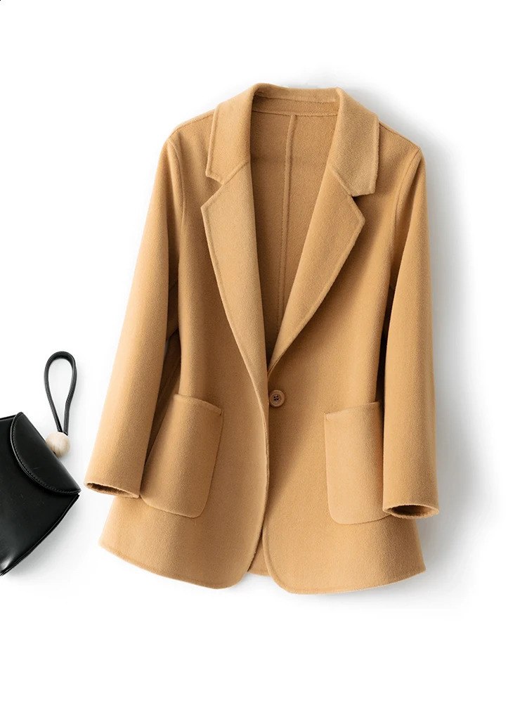 Women's Coat Pure Wool Plaids and Tweedst Fashion Camel Elegant Trench 260917