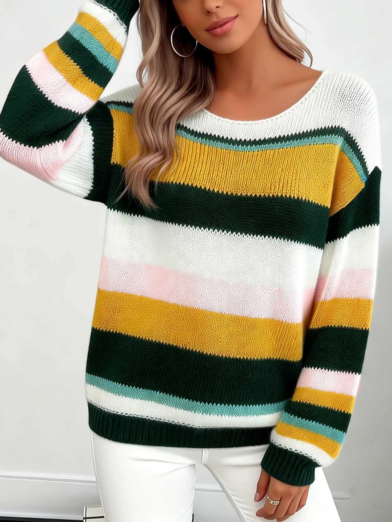 Autumn and Winter Retro Rainbow ColorBlocked Striped Faux Mohair Sweater for Women European and American Style Lazy RoundNeck Loose DropShoulder Kni