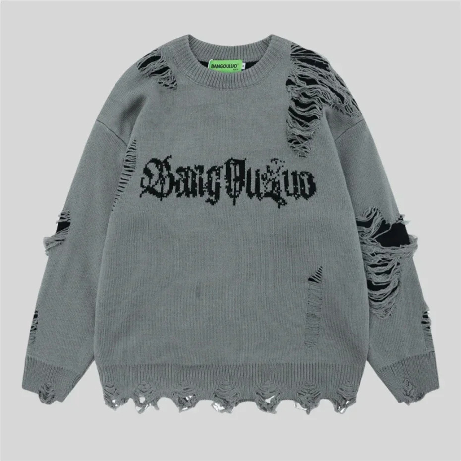 Torn Smooth Sweater Men Retro Ripped Hole Knitted Letter Plain Jumpers Men Streetwear Hip Hop Harajuku Punk Gothic Sweaters 260917