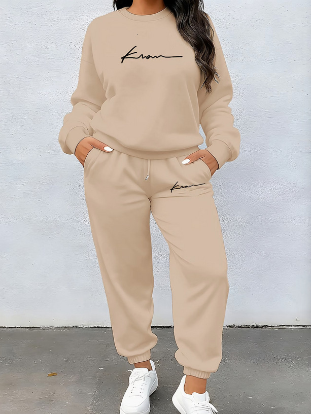 Designer Casual and comfortable women's autumn and winter long-sleeved fleece sweatshirt and leggings two-piece set