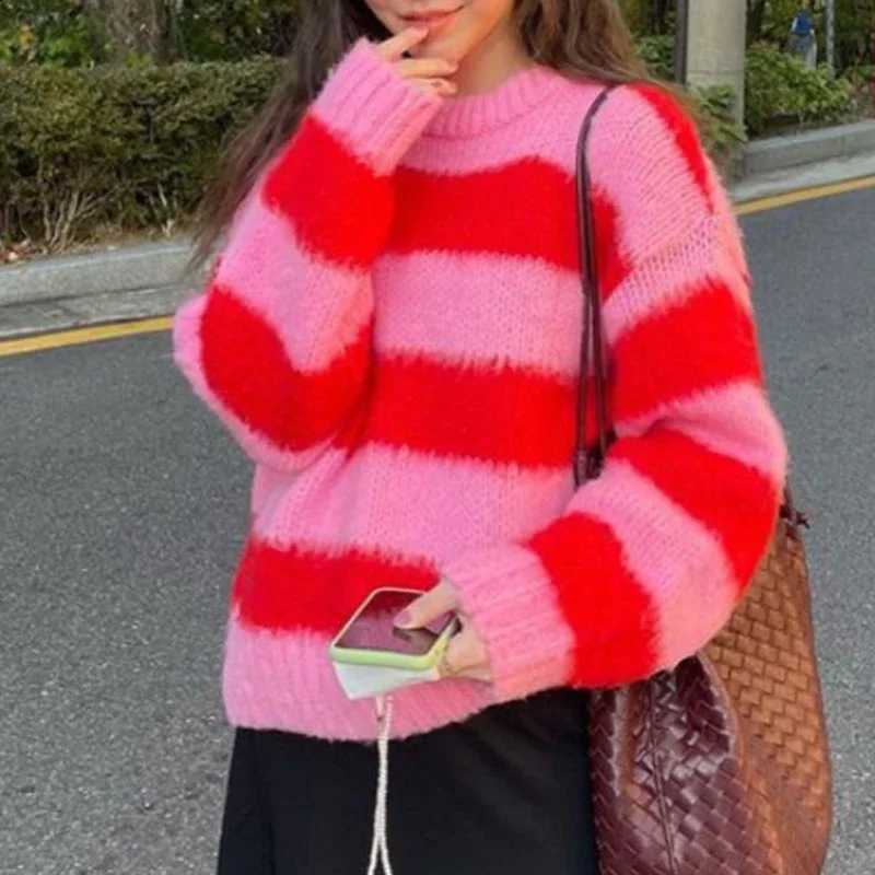 Knitted Candy Striped Color Sweater Women O Neck Long Sleeve Korean Sweet Pullover Jumpers Female Sueter Mujer Lazy Style J260916