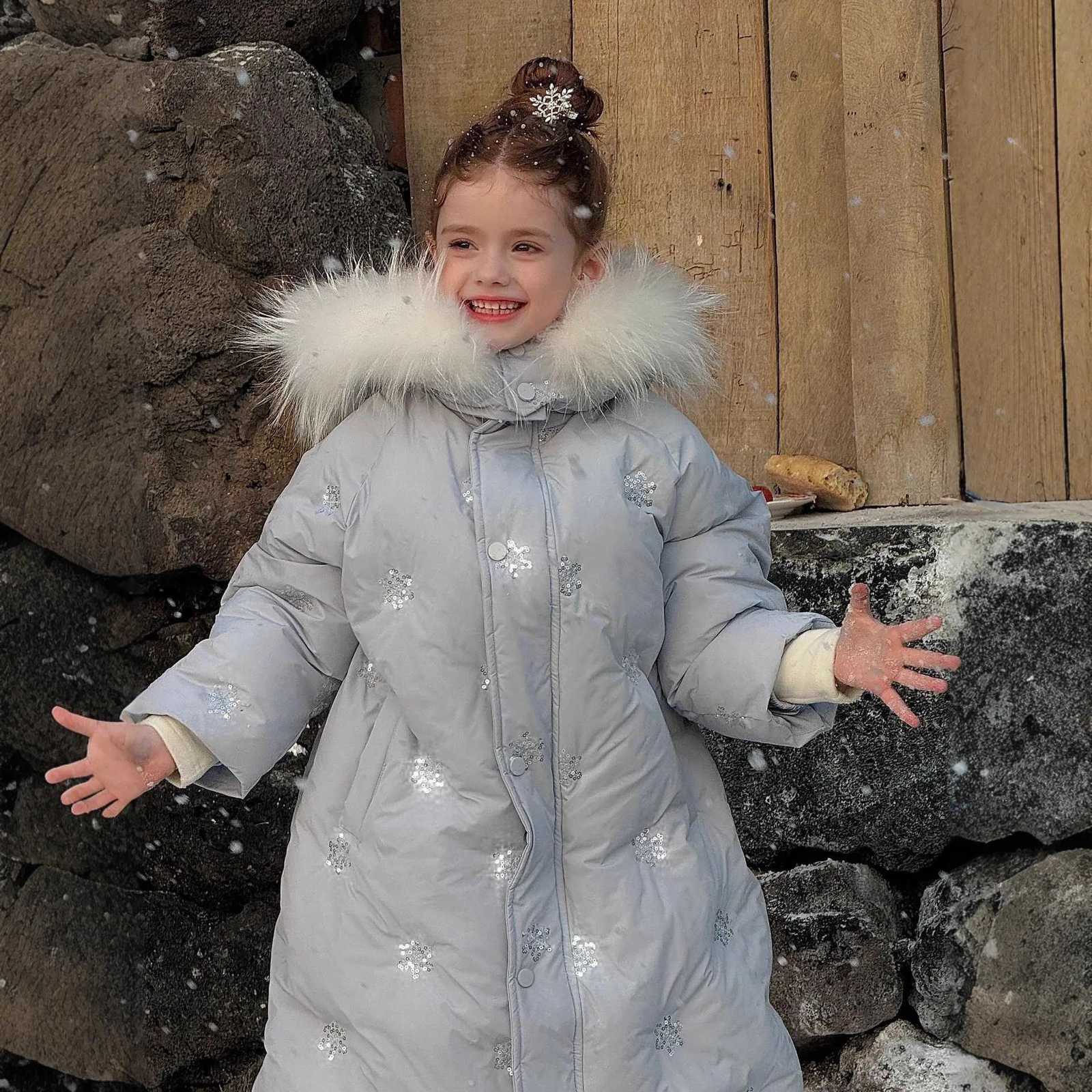 Collar True Hair 2025 Winter Detachable Children Long Cotton Jacket for Girls Snow Glitter Thick Cotton Coat J260917