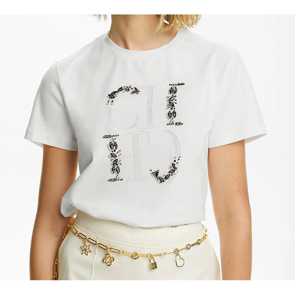 Women's Clothing, With Round Neckline, Featuring Embroidered Decoration Bearing The CH Logo, Designer Fashion A Casual Everyday Top