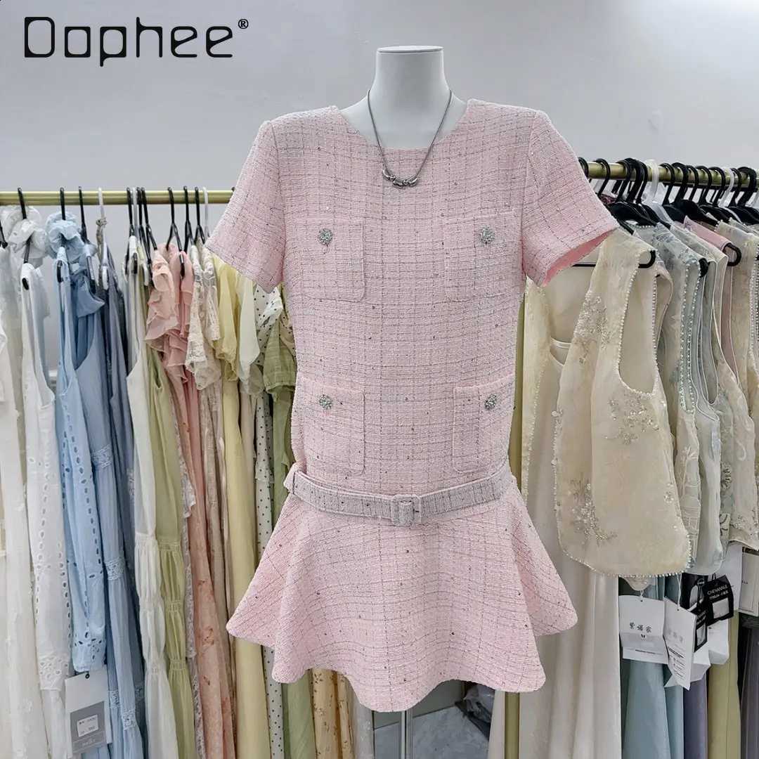 Temperament Socialite French Tweed Dress High-end Fashion Short-sleeved Round Neck Belt Slim A-line Dress Fairy Style Dresses C260917