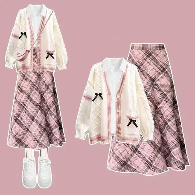 Single Winter Autumn Piece and Skirt Set for Female Students College Bow Cardigan Sweater+shirt+plaid Skirt Three Piece SetW260915