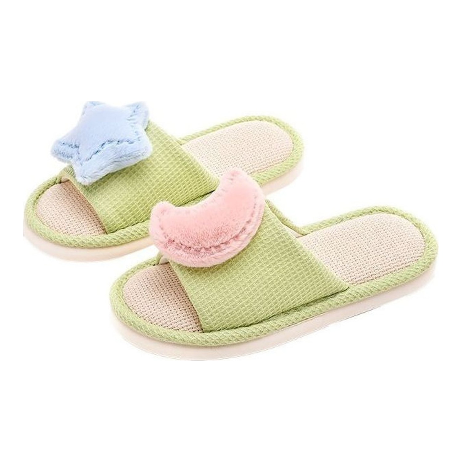 Linen Open-Toe House Slippers Women, Star Moon Sweet Style Indoor Slides, Breathable Cotton Linen Thick Sole PVC, Wholesale Bulk