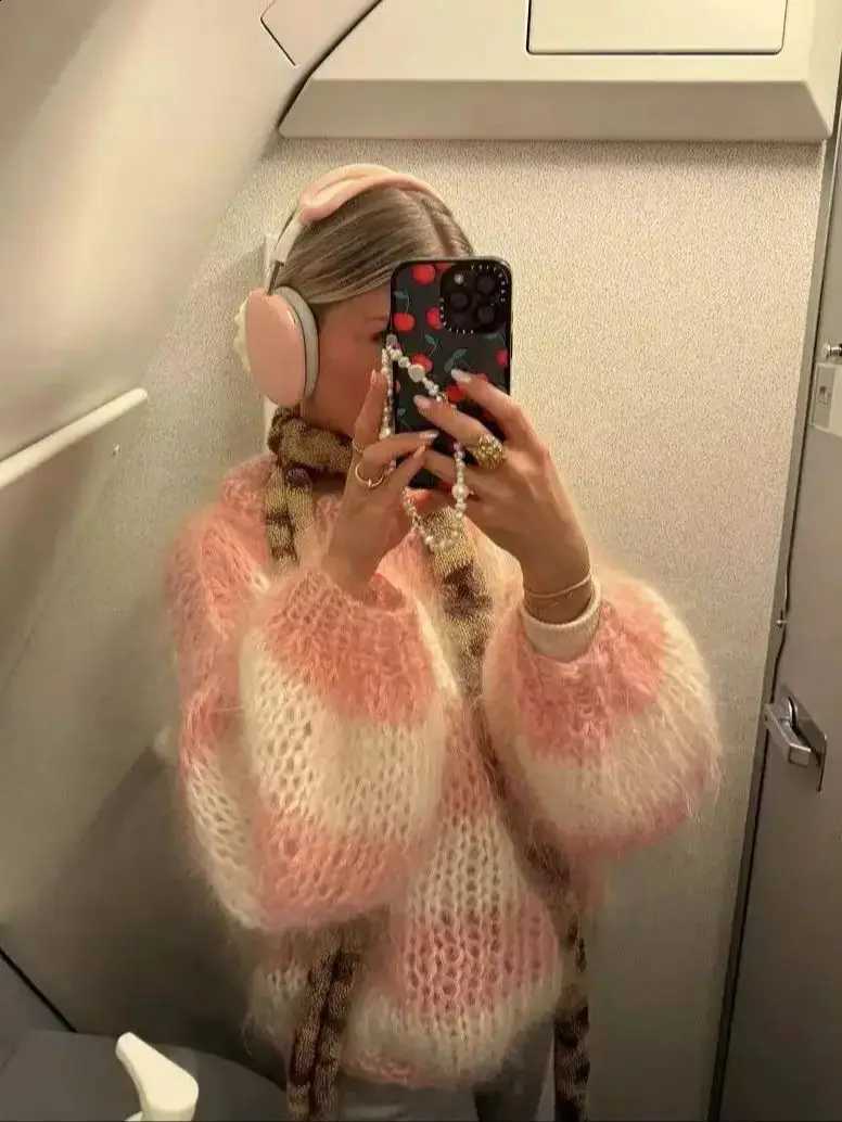 and winter new Autumn round neck sweater lightweight pullover loose and lazy straight tube mohair color blocked striped women's J260916