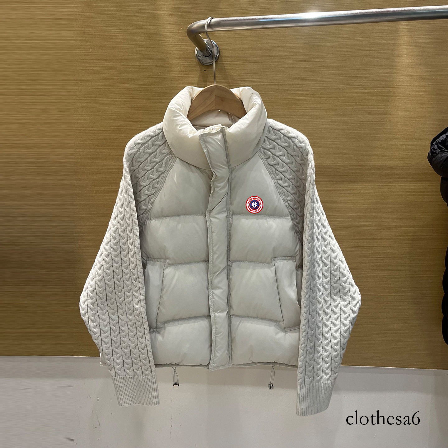 Winter Old Money Style Cable Knit Sleeve Patchwork Cotton Coat US Small L Size Stand Collar Short Slim Fit Thickened Warm Outerwear