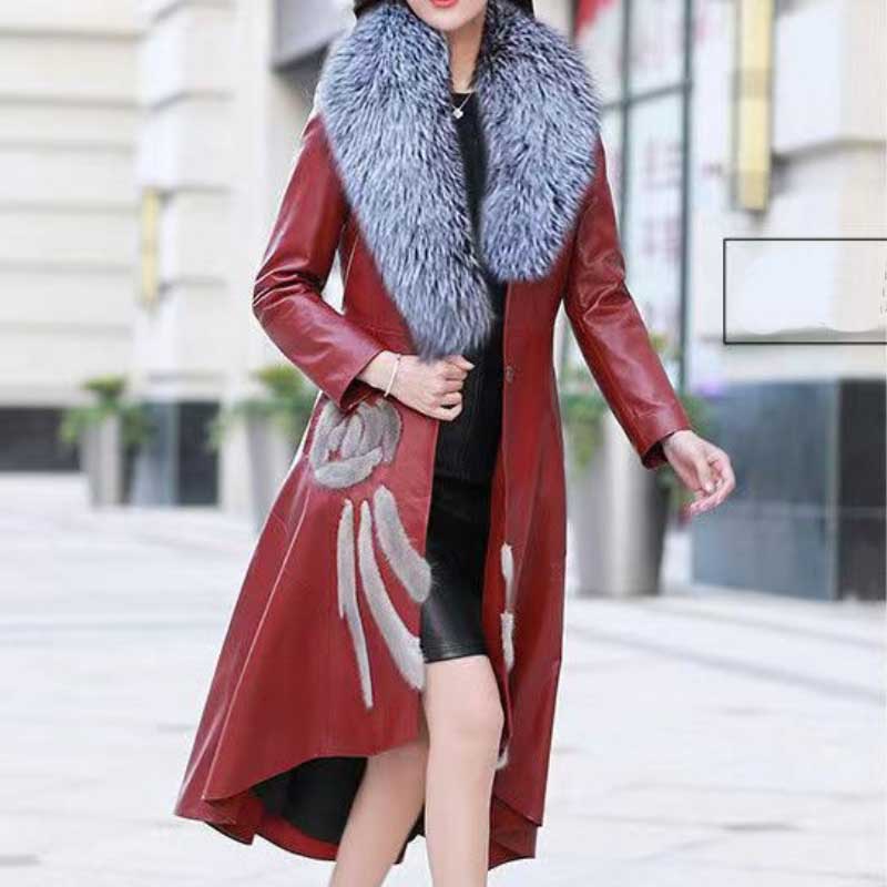 Manteau long en cuir pour femme surdimensionné en fausse fourrure, col châle, manches longues sur le devant, détails appliqués floraux asymétriqu
