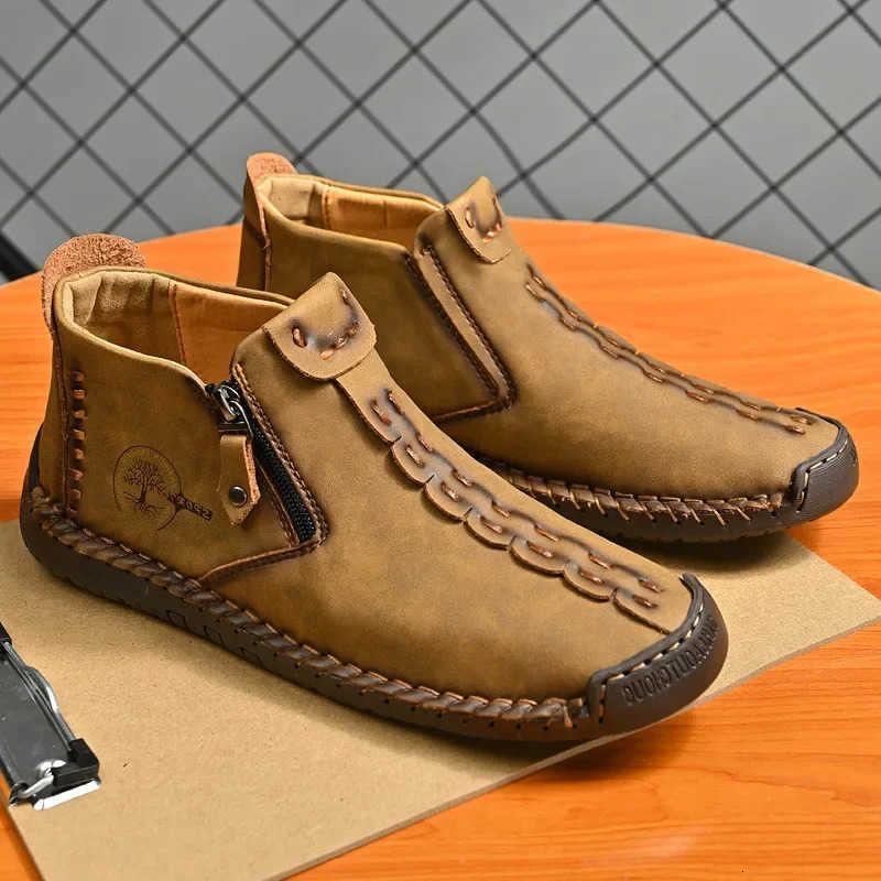 Casual Men Boots Ankle Handmade Boats for Man Male Hombres Walking Shoe Breathable Hombres Leather Wide Upright Zipper Shoes D260917