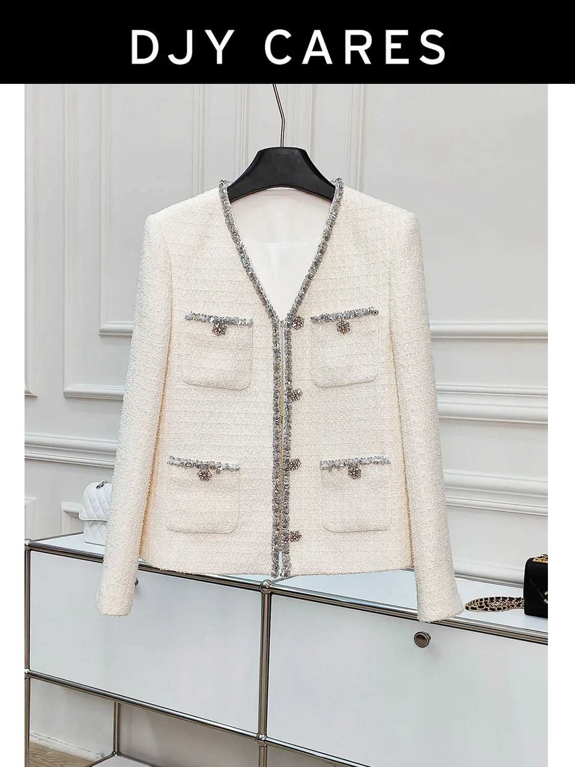 tweed New Coarse high-end border V-neck jacket reducing versatile top big size C260917