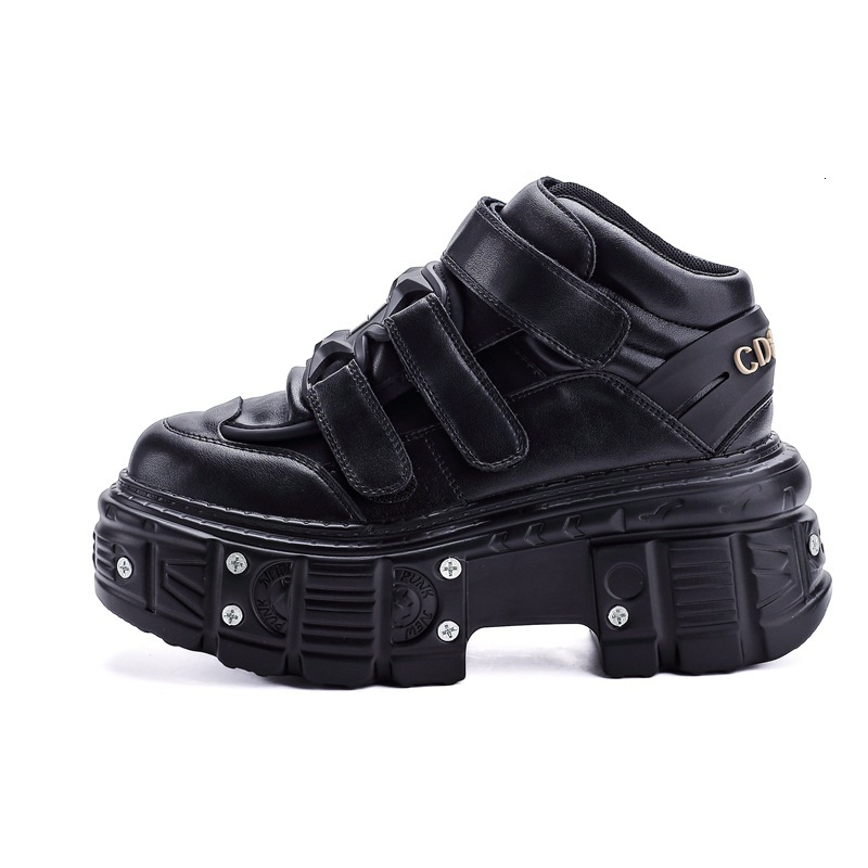 New Women's dh1103699101 Punk Leather Shoes Light Luxury Heavy Metal Buckle Design Thick Sole Low Top Dark Gothic Biker Boots