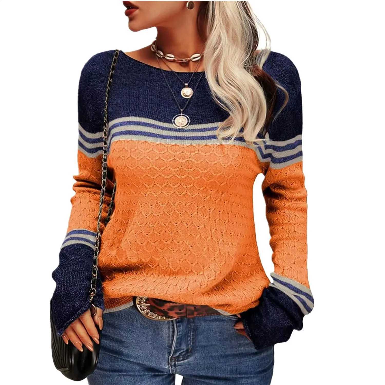 and 2025 winter autumn new fashion crochet long-sleeved top striped color matching round neck knitted sweater for women J260916