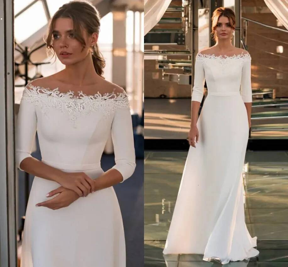 Simple Wedding Dress 2026New Arrival Boat Neck 3/4 Sleeves Beading Appliques A Line Soft Satin Bridal Gown Robe De Mariee
