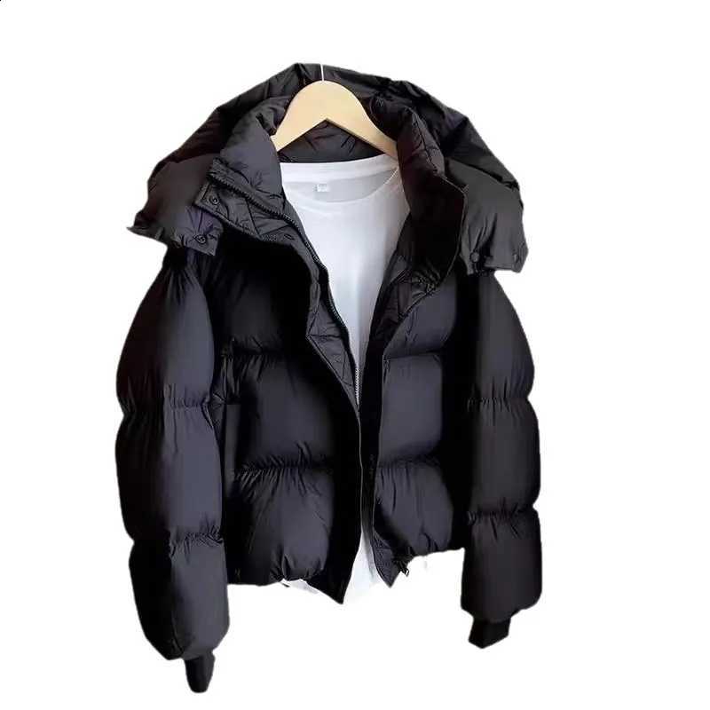 Down Women's Oversized Jacket Hooded with Long Sleeves Zipper Pockets Solid Color Short Length Parka for Female Winter Wear H2609171