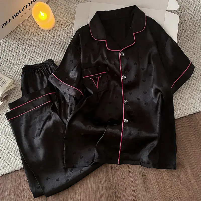 Women Pajamas Designer Black loungewear Silk Pajamas For Women Heart Pattern Jacquard Two Piece Set Luxury Button Front Top Brand Long Pants Pink Tr