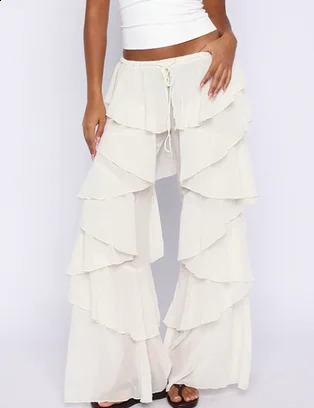 Women Chiffon High Waist Drawstring Ruffled Wide Leg Pants Solid Low Rise Long Trousers Bohemian Sheer Frilly Beach 260917